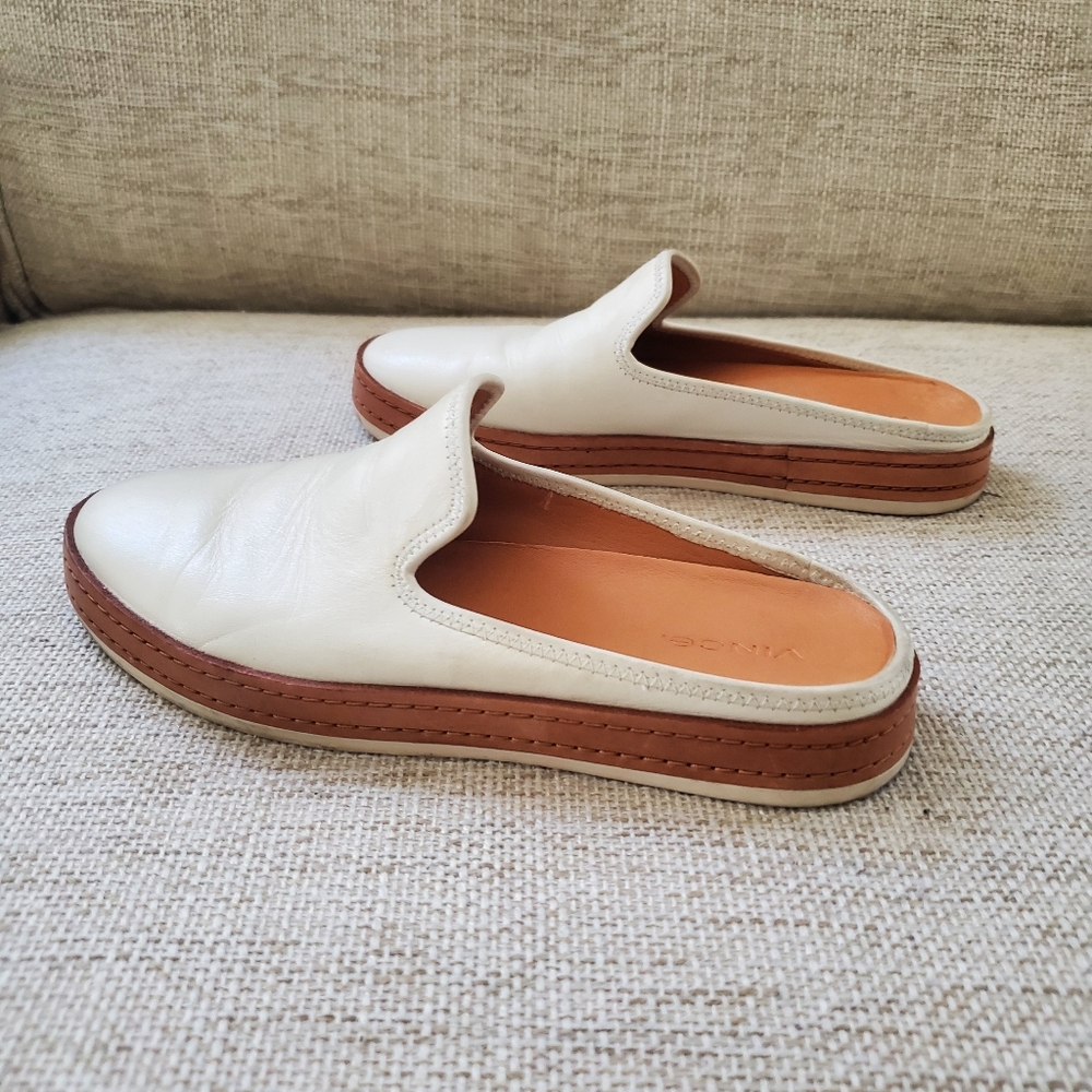 Vince White and Tan Leather-Trim Slip-On Mules - Picture 9 of 16